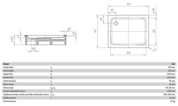 KALDEWEI DUSCHPLAN 415-1 sprchová vanička 70x120 cm, smaltovaná oceľ, bez nosiča 431500010001 Technický nákres