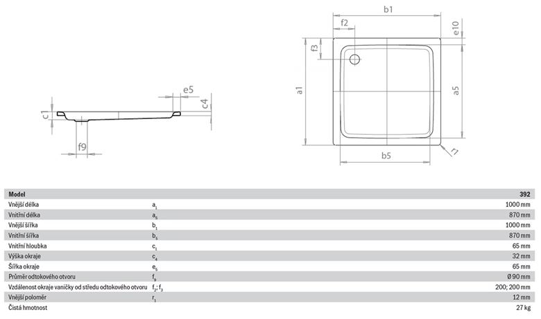 KALDEWEI DUSCHPLAN 392-1 sprchová vanička 100x100 cm, smaltovaná oceľ, bez nosiča, Perl Effekt 440200013001 Technický nákres
