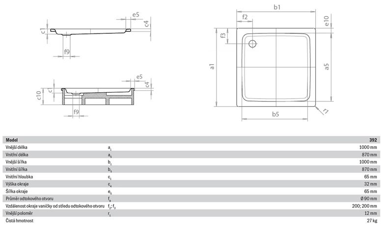 KALDEWEI DUSCHPLAN 392-2 sprchová vanička 100x100 cm, smaltovaná oceľ, s nosičom 440248040001 Technický nákres