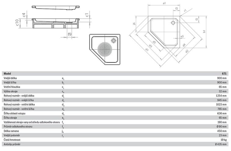 KALDEWEI CORNEZZA 671-1 sprchová vanička 90x90 cm, smaltovaná oceľ, bez nosiča, Perl Effekt, Antislip 459130003001 Technický nákres