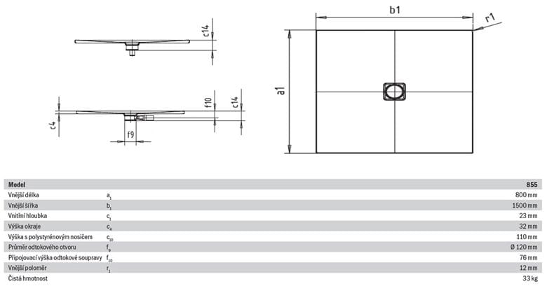 KALDEWEI CONOFLAT 855-1 sprchová vanička 80x150 cm, smaltovaná oceľ, bez nosiča, Perl Effekt 467100013001 Technický nákres