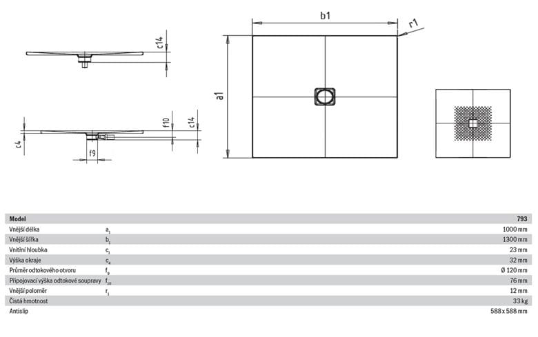 KALDEWEI CONOFLAT 793-1 sprchová vanička 100x130 cm, smaltovaná oceľ, bez nosiča, Perl Effekt, Antislip 466330003001 Technický nákres