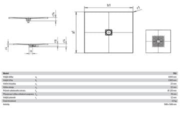 KALDEWEI CONOFLAT 793-1 sprchová vanička 100x130 cm, smaltovaná oceľ, bez nosiča, Perl Effekt, Antislip 466330003001 Technický nákres