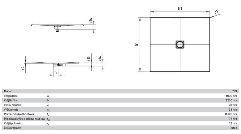KALDEWEI CONOFLAT 789-1 sprchová vanička 100x120 cm, smaltovaná oceľ, bez nosiča 465900010001 Technický nákres
