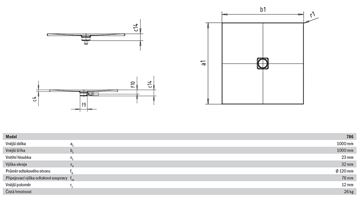 KALDEWEI CONOFLAT 786-1 sprchová vanička 100x100 cm, smaltovaná oceľ, bez nosiča, Perl Effekt 465600013001 Technický nákres