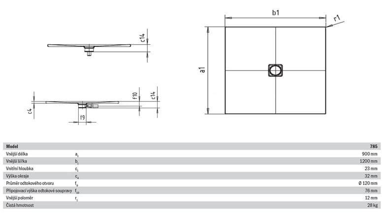 KALDEWEI CONOFLAT 785-1 sprchová vanička 90x120 cm, smaltovaná oceľ, bez nosiča 465500010001 Technický nákres