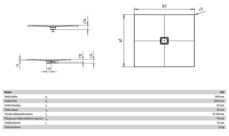 KALDEWEI CONOFLAT 784-1 sprchová vanička 90x100 cm, smaltovaná oceľ, bez nosiča, Perl Effekt 465400013001 Technický nákres