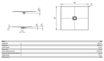 KALDEWEI CONOFLAT 784-1 sprchová vanička 90x100 cm, smaltovaná oceľ, bez nosiča, Perl Effekt 465400013001 Technický nákres