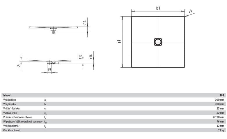 KALDEWEI CONOFLAT 783-1 sprchová vanička 90x90 cm, smaltovaná oceľ, bez nosiča, Perl Effekt 465300013001 Technický nákres