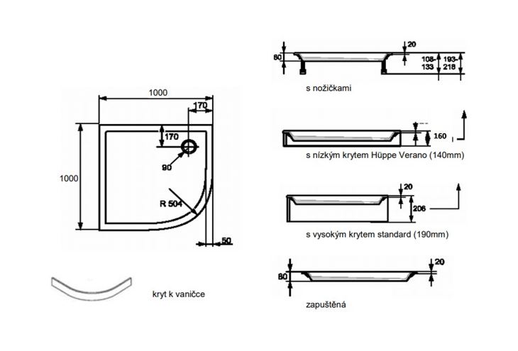 CONCEPT VERANO sprchová vanička 100x100 cm, R500, liaty mramor, bez nožičiek 235022.055 Technický nákres