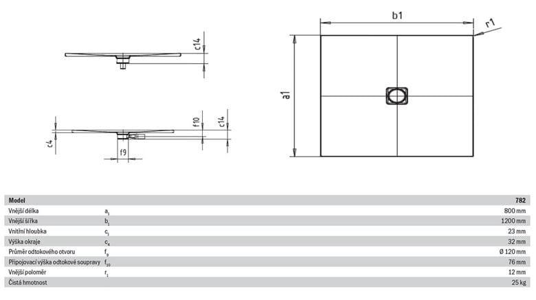 KALDEWEI CONOFLAT 782-1 sprchová vanička 80x120 cm, smaltovaná oceľ, bez nosiča 465200010001 Technický nákres