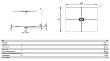 KALDEWEI CONOFLAT 782-1 sprchová vanička 80x120 cm, smaltovaná oceľ, bez nosiča 465200010001 Technický nákres