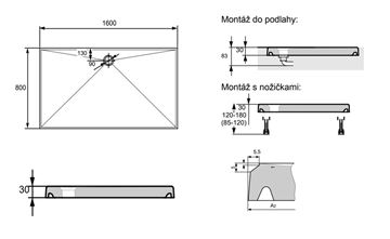 HÜPPE EASY STEP sprchová vanička 160x80 cm, liaty mramor, bez nožičiek 215210.055 Technický nákres