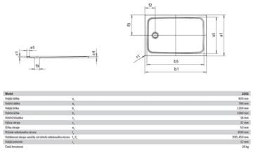 KALDEWEI CAYONOPLAN 2263-1 sprchová vanička 90x120 cm, smaltovaná oceľ, bez nosiča 362300010001 Technický nákres