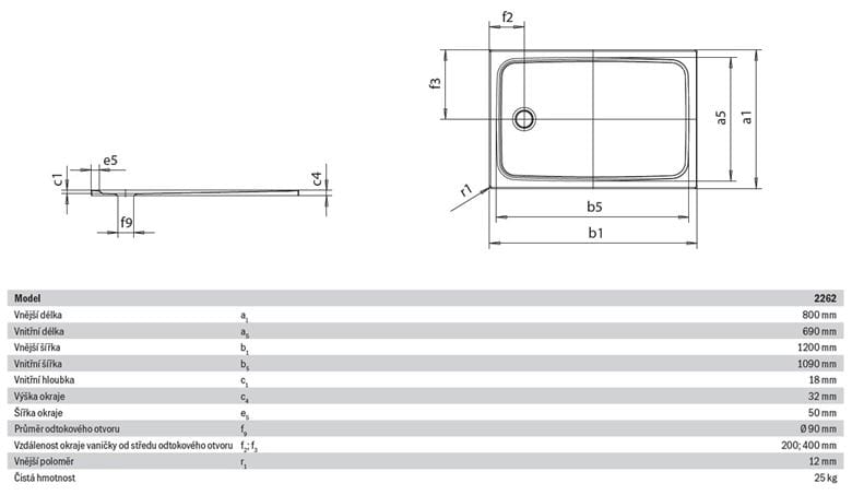 KALDEWEI CAYONOPLAN 2262-1 sprchová vanička 80x120 cm, smaltovaná oceľ, bez nosiča 362200010001 Technický nákres