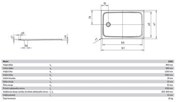 KALDEWEI CAYONOPLAN 2262-1 sprchová vanička 80x120 cm, smaltovaná oceľ, bez nosiča 362200010001 Technický nákres