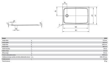 KALDEWEI CAYONOPLAN 2255-1 sprchová vanička 75x100 cm, smaltovaná oceľ, bez nosiča 361500010001 Technický nákres
