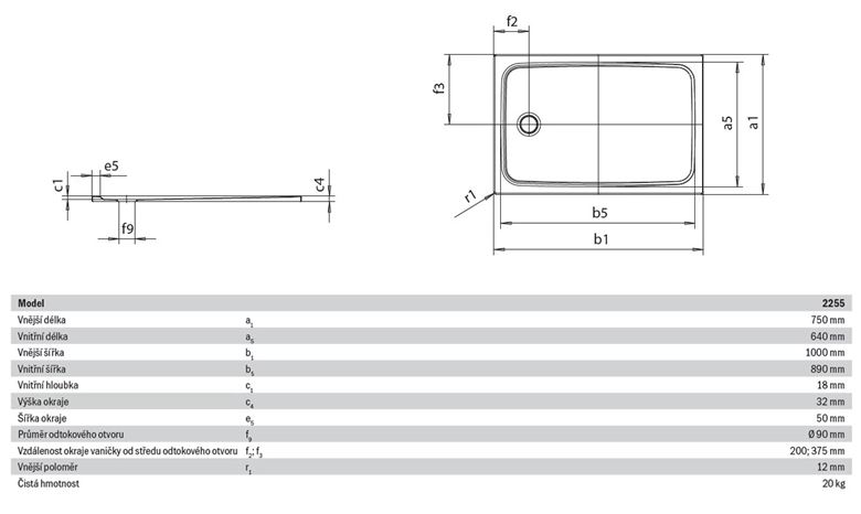 KALDEWEI CAYONOPLAN 2255-1 sprchová vanička 75x100 cm, smaltovaná oceľ, bez nosiča 361500010001 Technický nákres