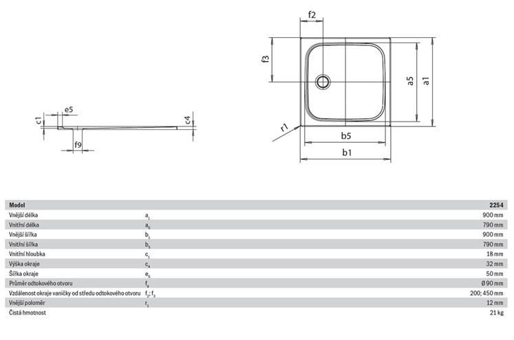 KALDEWEI CAYONOPLAN 2254-1 sprchová vanička 90x90 cm, smaltovaná oceľ, bez nosiča 361400010001 Technický nákres