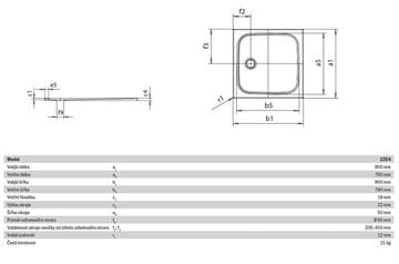 KALDEWEI CAYONOPLAN 2254-1 sprchová vanička 90x90 cm, smaltovaná oceľ, bez nosiča 361400010001 Technický nákres