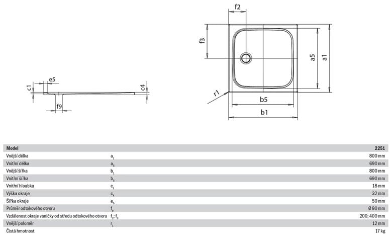 KALDEWEI CAYONOPLAN 2251-1 sprchová vanička 80x80 cm, smaltovaná oceľ, bez nosiča 361100010001 Technický nákres