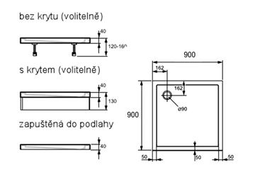 HÜPPE PURANO sprchová vanička 90x90 cm, liaty mramor, bez nožičiek, s protišmykom 202161.055 Technický nákres