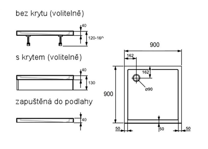 HÜPPE PURANO sprchová vanička 90x90 cm, liaty mramor, bez nožičiek, s protišmykom 202161.055 Technický nákres