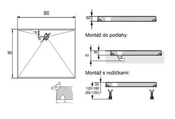 HÜPPE EASY STEP sprchová vanička 90x90 cm, liaty mramor, bez nožičiek 215021.055 Technický nákres