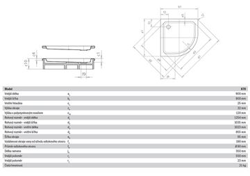 KALDEWEI ARRONDO 870-2 sprchová vanička 90x90 cm, R550, smaltovaná oceľ, s nosičom 460048040001 Technický nákres