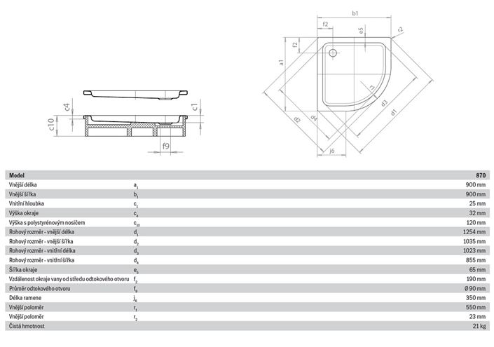 KALDEWEI ARRONDO 870-2 sprchová vanička 90x90 cm, R550, smaltovaná oceľ, s nosičom 460048040001 Technický nákres