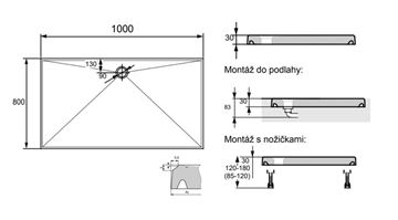 HÜPPE EASY STEP sprchová vanička 100x80 cm, liaty mramor, bez nožičiek 215012.055 Technický nákres