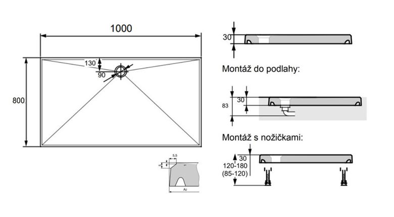 HÜPPE EASY STEP sprchová vanička 100x80 cm, liaty mramor, bez nožičiek 215012.055 Technický nákres