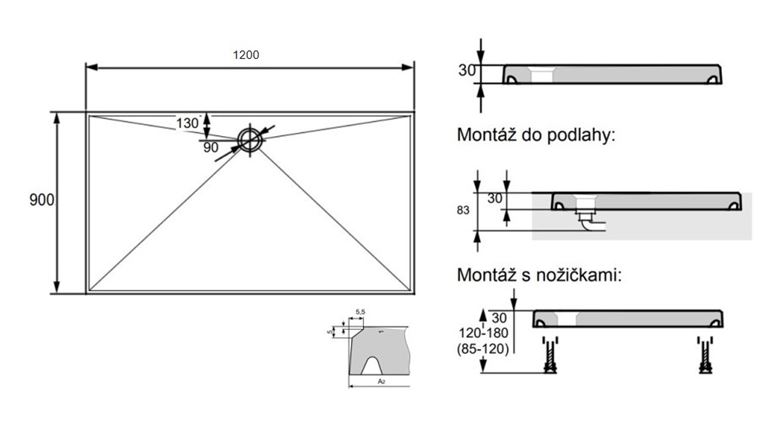 HÜPPE EASY STEP sprchová vanička 120x90 cm, liaty mramor, bez nožičiek 215024.055 Technický nákres