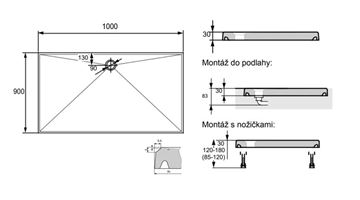 HÜPPE EASY STEP sprchová vanička 100x90 cm, liaty mramor, bez nožičiek 215022.055 Technický nákres