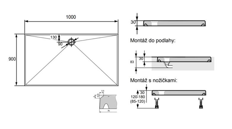 HÜPPE EASY STEP sprchová vanička 100x90 cm, liaty mramor, bez nožičiek 215022.055 Technický nákres