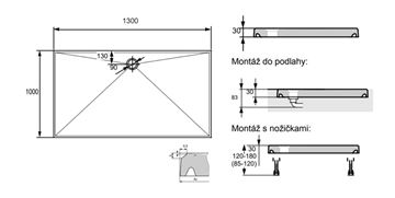HÜPPE EASY STEP sprchová vanička 130x100 cm, liaty mramor, bez nožičiek 215035.055 Technický nákres