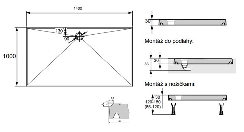 HÜPPE EASY STEP sprchová vanička 140x100 cm, liaty mramor, bez nožičiek 215130.055 Technický nákres