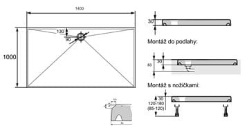HÜPPE EASY STEP sprchová vanička 140x100 cm, liaty mramor, bez nožičiek 215130.055 Technický nákres