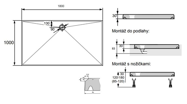HÜPPE EASY STEP sprchová vanička 180x100 cm, liaty mramor, bez nožičiek 215232.055 Technický nákres