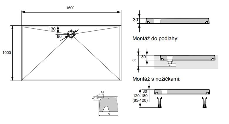 HÜPPE EASY STEP sprchová vanička 160x100 cm, liaty mramor, bez nožičiek 215230.055 Technický nákres