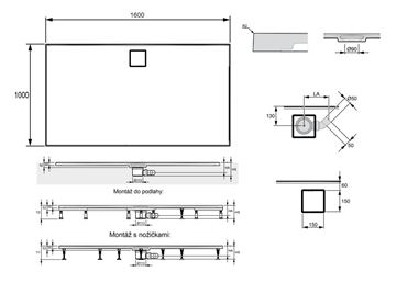 HÜPPE EASY FLAT sprchová vanička 160x100 cm, liaty mramor, samonosná EF0119.055 Technický nákres