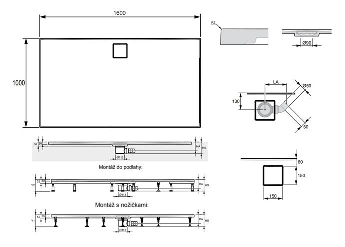 HÜPPE EASY FLAT sprchová vanička 160x100 cm, liaty mramor, samonosná EF0119.055 Technický nákres