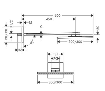 AXOR SHOWER SOLUTIONS 300/300 1JET horná sprcha 300x300 mm, s ramenom, chróm 35314000 Technický nákres