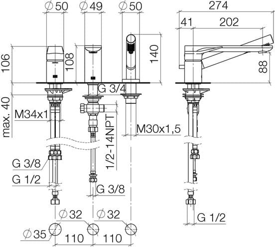 DORNBRACHT LISSÉ batéria na okraj vane, 3-otvorová, so sprchovou súpravou, chróm 27 412 845-00 Technický nákres