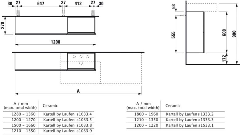 LAUFEN KARTELL skrinka pod umývadlo 120x27x61 cm, 2 zásuvky, 2 dvierka, Push-open, horčicovo žltá H4082920336441 Technický nákres