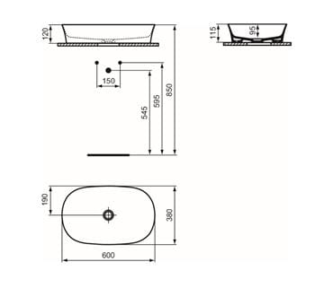 IDEAL STANDARD IPALYSS umývadlová misa 60 cm, bez prepadu E139601 Technický nákres