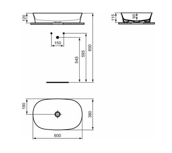 IDEAL STANDARD IPALYSS umývadlová misa 60 cm, bez prepadu E139601 Technický nákres