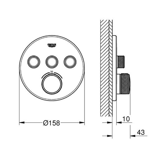GROHE GROHTHERM SMARTCONTROL podomietková termostatická batéria, pre 3 spotrebiče, Water Saving, phantom black 29508KF0 Technický nákres