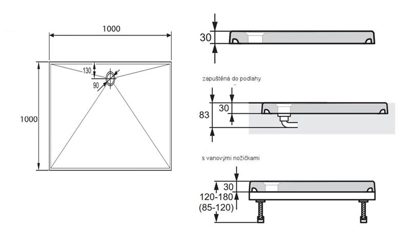 HÜPPE EASY STEP sprchová vanička 100x100 cm, liaty mramor, bez nožičiek 215032.055 Technický nákres