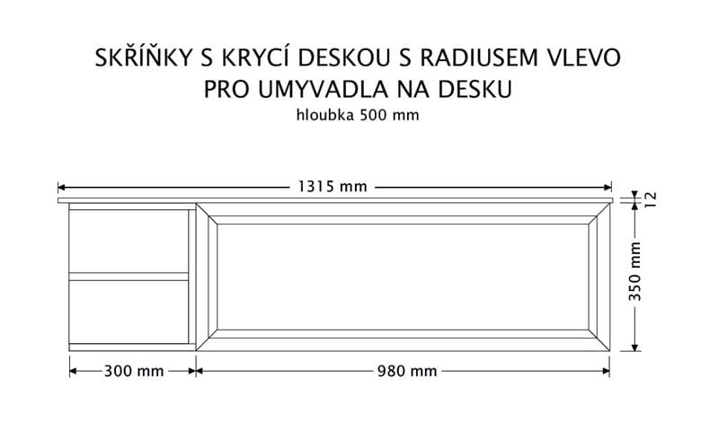 INTEDOOR CHICAGO skrinka pod umývadlo 131,5x50x36,2 cm, 1 zásuvka, 2 police, čierna/tmavo hnedá PTCHIC11301ZRADL212 Technický nákres
